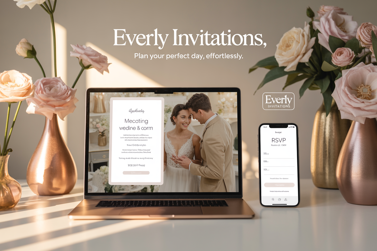 online rsvp form Tampilan elegan undangan digital pernikahan ditampilkan di laptop dan smartphone, lengkap dengan RSVP online. Dikelilingi bunga-bunga pastel dan pencahayaan hangat, foto ini memancarkan suasana modern, romantis, dan praktis — simbol kemudahan merencanakan hari bahagia secara digital.
