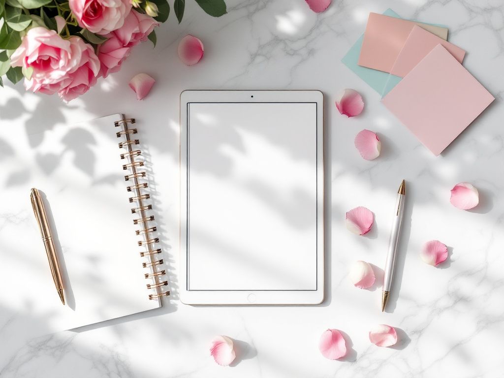 Wedding website planning materials flatlay Wedding website planning materials flatlay