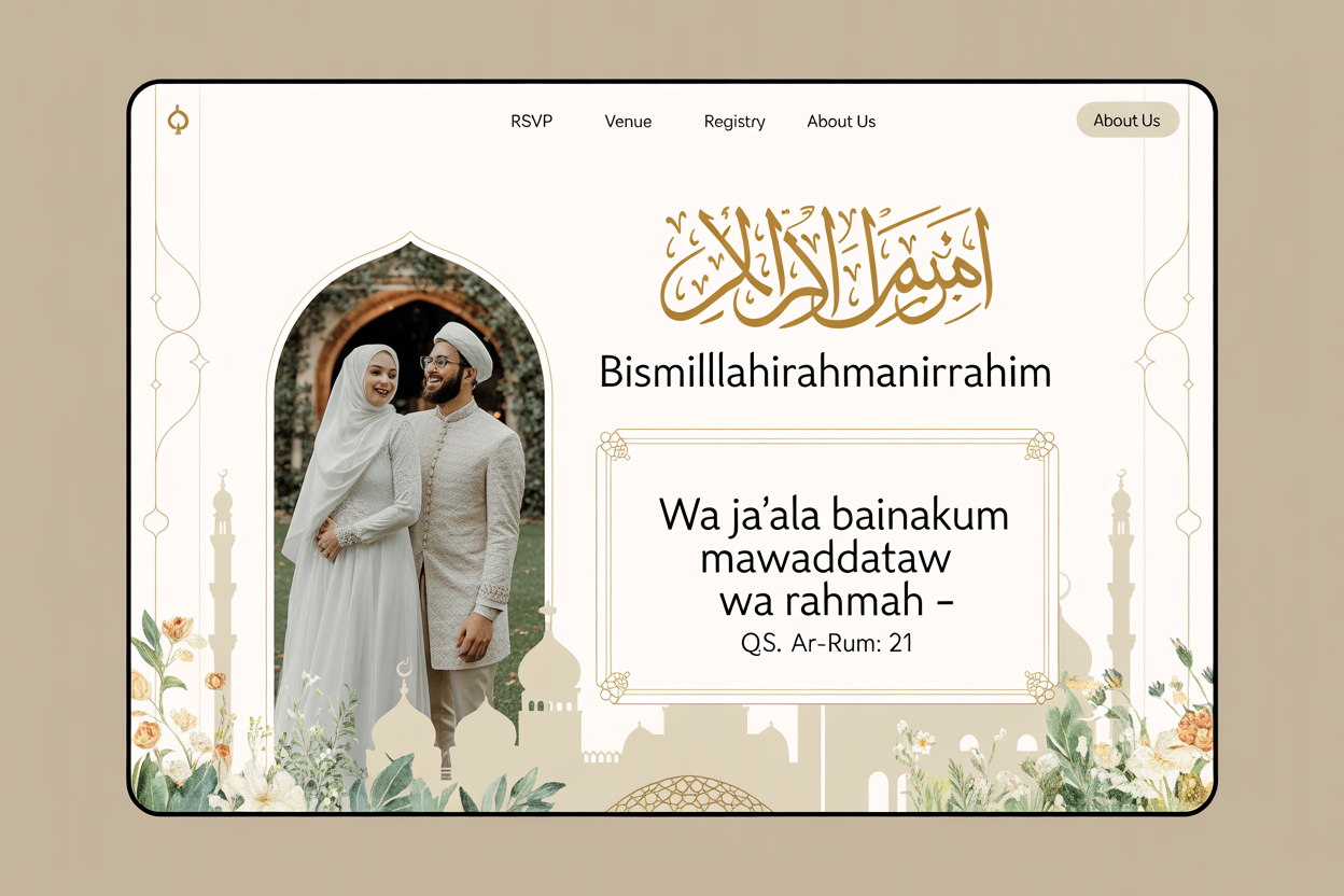 undangan website Tampilan undangan website pernikahan Islami dengan foto pengantin berpakaian putih. Dihiasi kaligrafi Bismillahirrahmanirrahim dan kutipan QS. Ar-Rum: 21, desain ini memadukan nuansa religius dan elegan dalam satu halaman website.