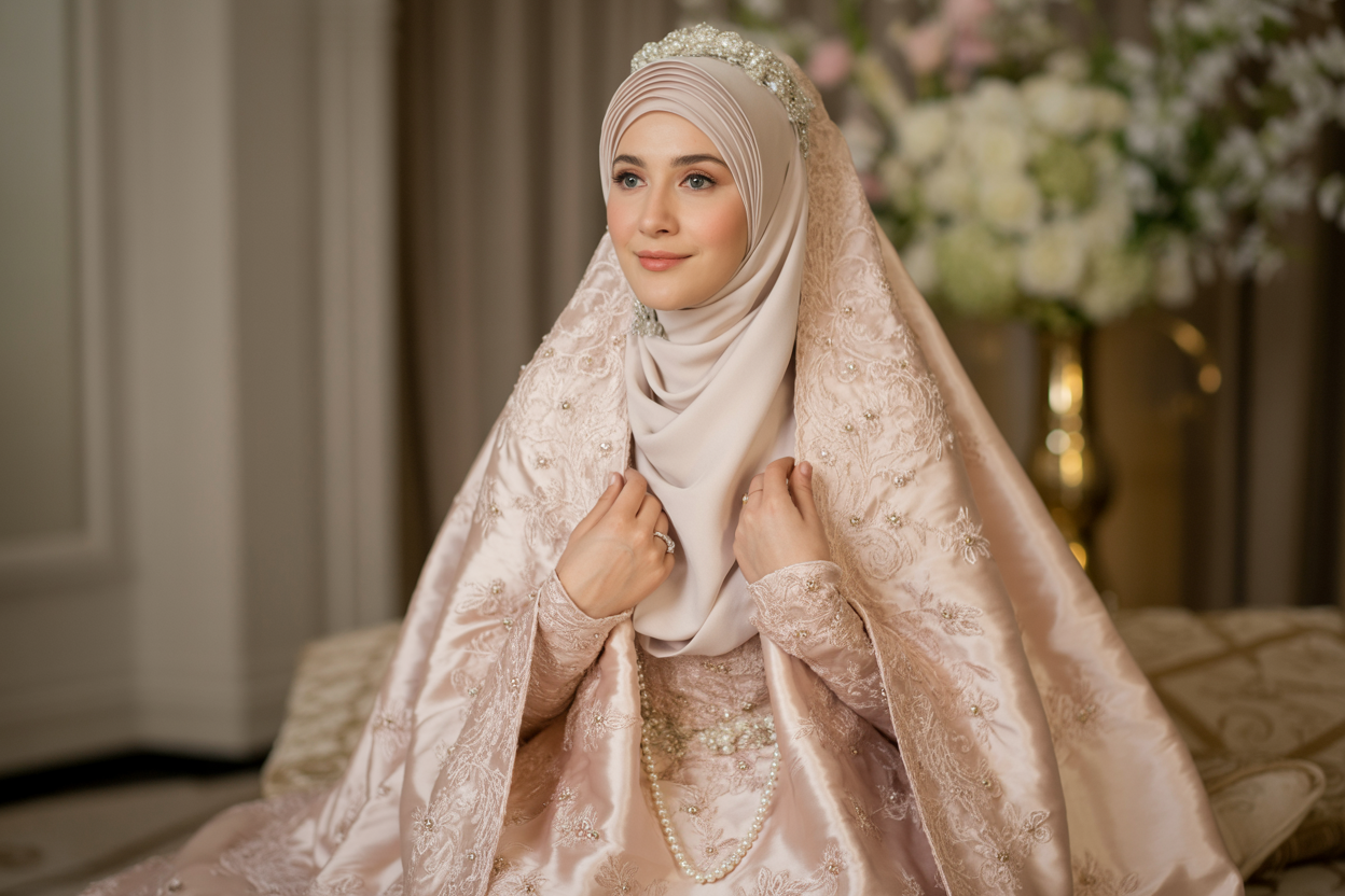 busana pengantin syar'i Busana pengantin syar'i modern dengan detail brokat.