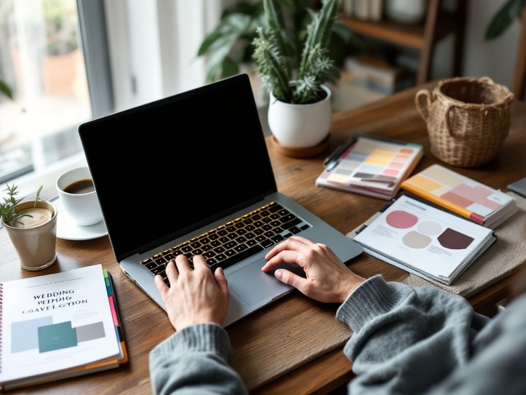 Person creating wedding website content at home