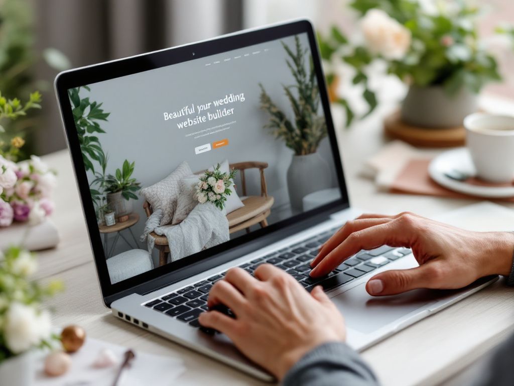 Person designing wedding website on laptop Person designing wedding website on laptop